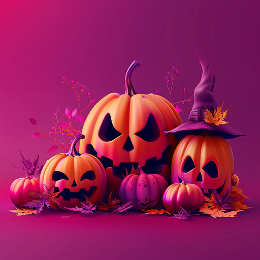 Halloween art on bright, saturated magenta background with textures