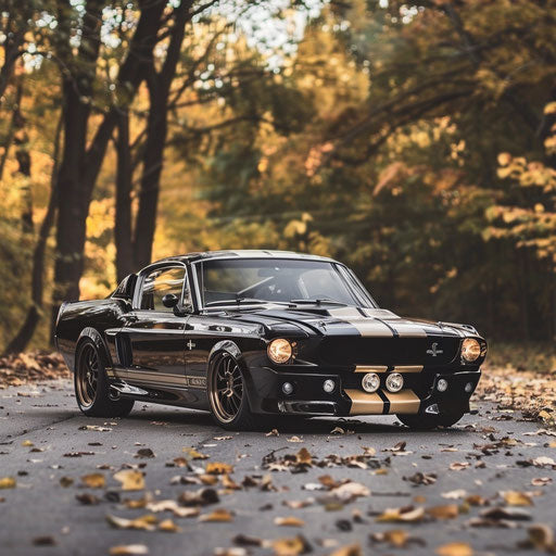 A classic Ford Mustang GT Shelby with transparent wheels and cutting-edge suspension system