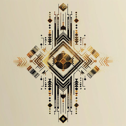 Rune surrounded by golden geometric patterns inspired by Art Deco