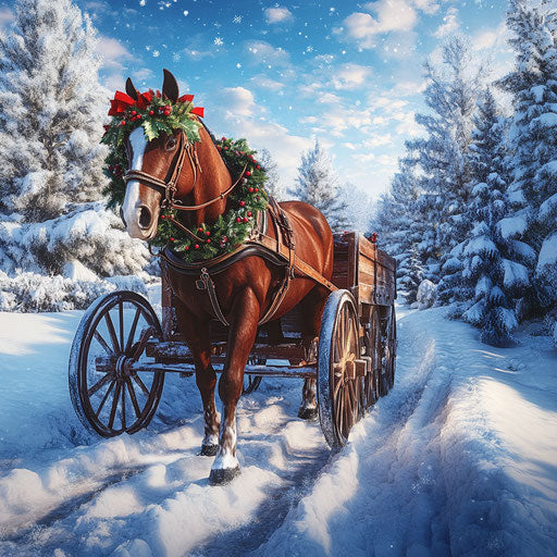 Robust draft horse pulling a snowy wagon