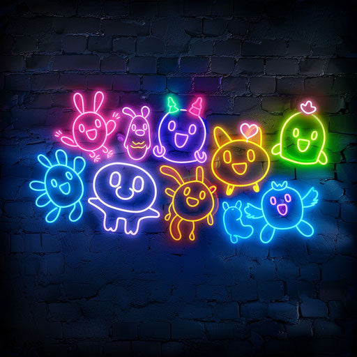 Neon logo with whimsical characters and playful neon colors, using a fun font on a dark background