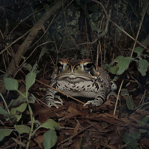 The bright eyes of a Western leopard toad standing out in a dimly lit underbrush at twilight.