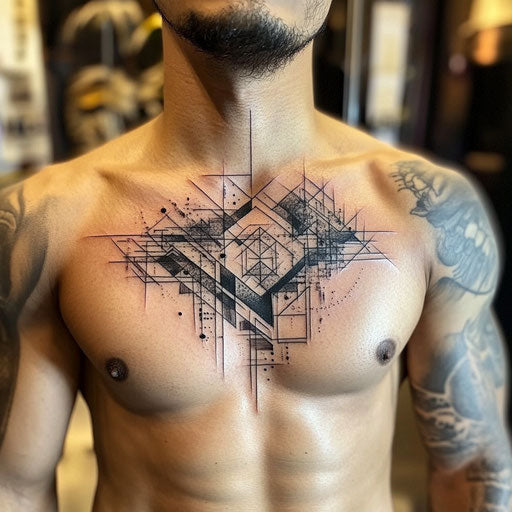 Abstract geometric chest piece tattoo with sharp angles