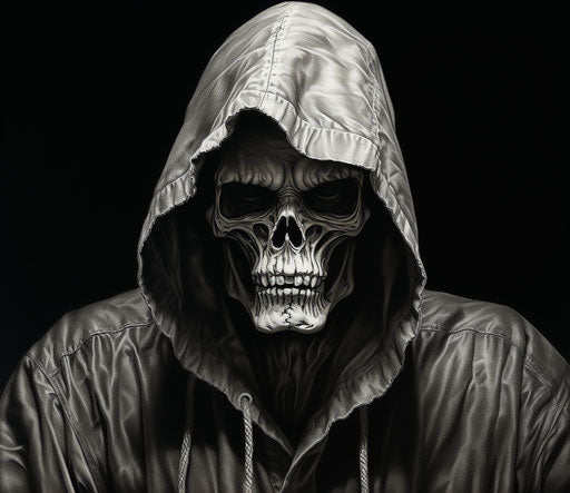 Hooded skull wearing hat, crosshatched shading style