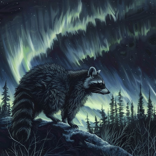 A raccoon searching for food along the forest edge, with the northern lights illuminating the night sky.