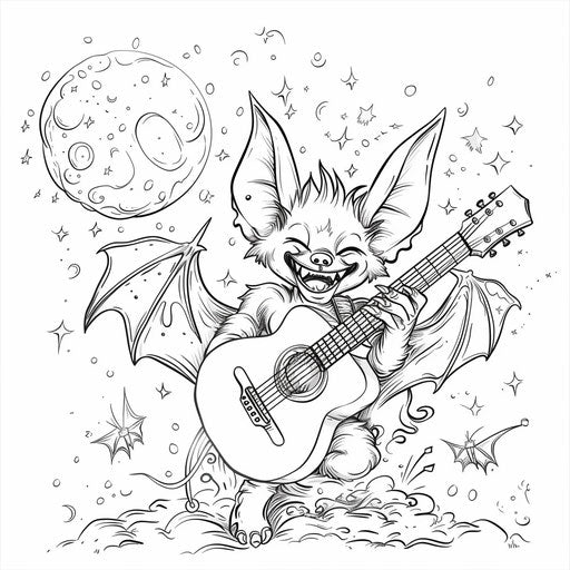 A whimsical bat playing a guitar under the moonlight.