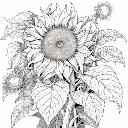 Sunflower coloring page with leaves, various artistic styles