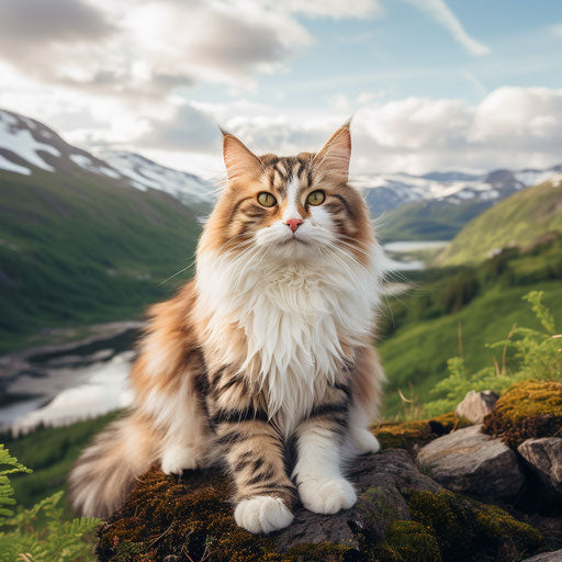Norwegian forest cat in front of mountain scenery