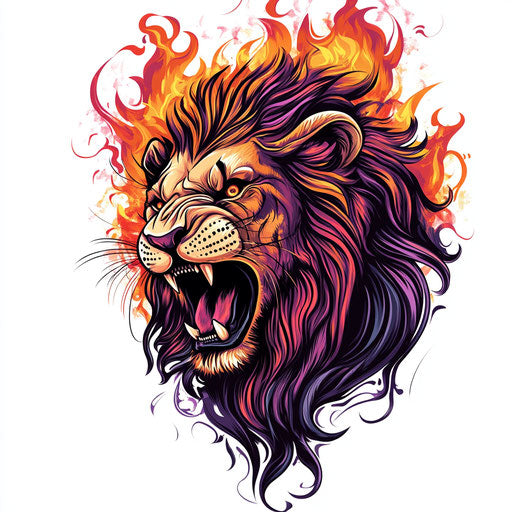 Lion tattoo sketch with colorful roaring flames