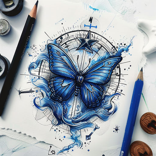 Blue butterfly with ocean waves and maritime symbols