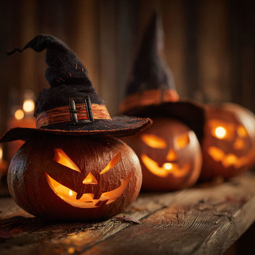 Glowing Jack-o'-Lanterns on a Rustic Wooden Table