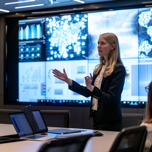 Confident businesswoman presenting in high-tech conference room