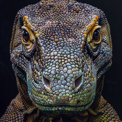 Komodo dragon portrait with detailed scales and fierce eyes