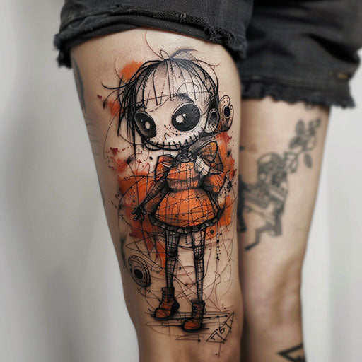 Knee tattoos in the style of Humberto Ramos with a cartoon character