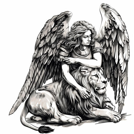 Guardian angel with lion, symbolizing courage and protection, tattoo on white background