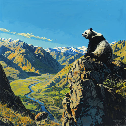 Solitary giant panda on a rocky outcrop