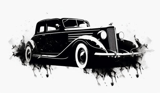 Black and white car illustration, stencil-based masculine 12:7