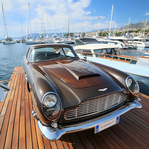 Luxury yacht-inspired Aston Martin DB6, with wood paneling and nautical details, showcased at a Monaco marina