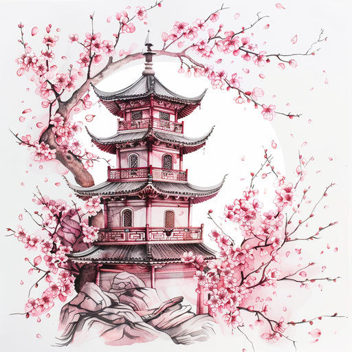 Chinese pagoda surrounded by cherry blossoms, pastel tattoo art on white matte paper