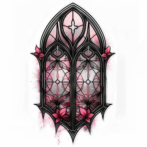 Gothic tattoo sketch of a pink and black stained glass window