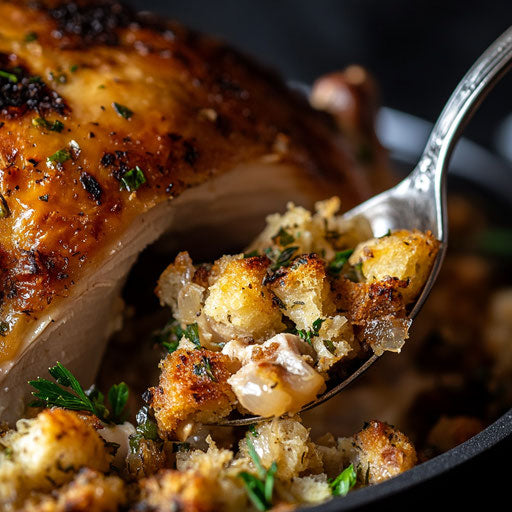 Spoon scooping warm stuffing from roasted turkey