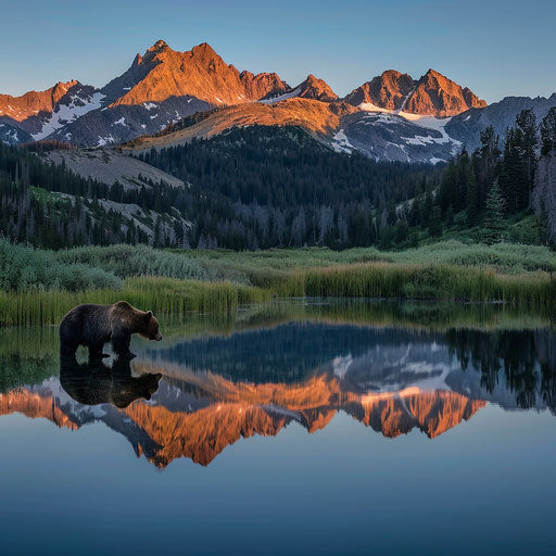 Grizzly bear reflected in mountain lake at dawn