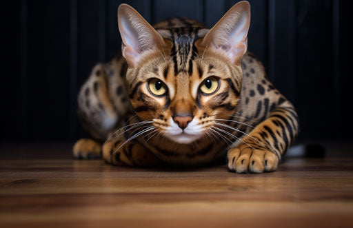 Bengal cat laying on floor, distinct facial features, dark brown and gold