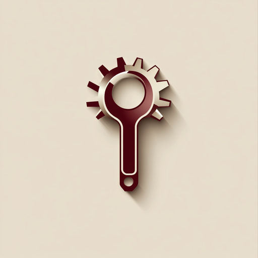 Professional construction company logo with unique interlocking gear and wrench icon integrated with sleek typography, in a rich burgundy and silver color palette, isolated on a flat beige background.