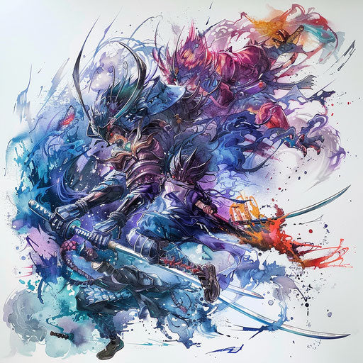 Epic battle scene from a hit anime, dynamic tattoo design on white background.