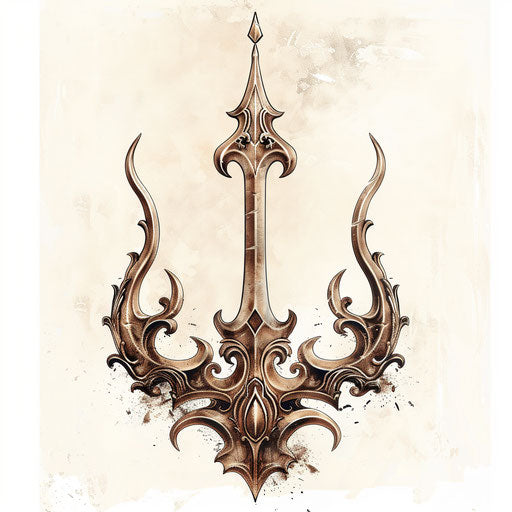 Vintage trident tattoo with ornate details, sepia