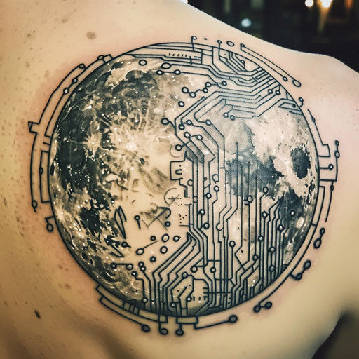 Futuristic flat tattoo sketch of a full moon with digital circuit patterns and neon highlights