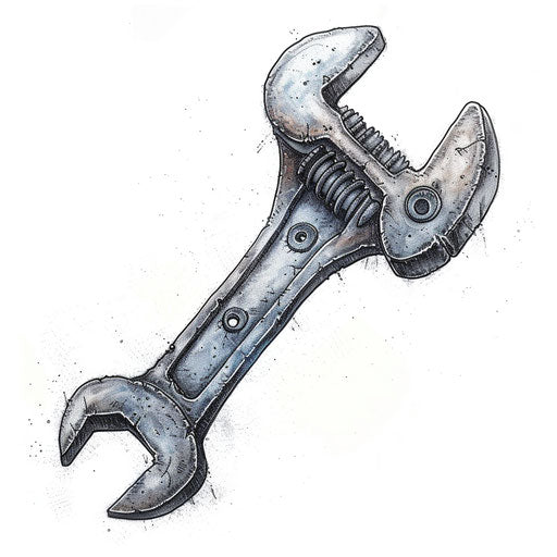 Mechanical tattoo design of wrench and screw on white