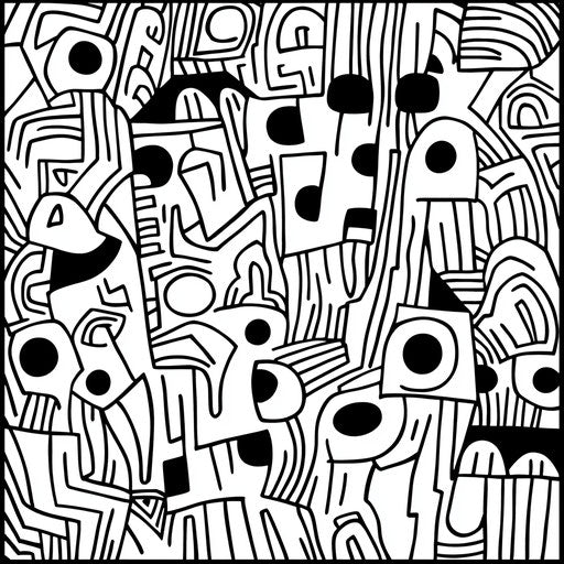 Humorous geometric pattern with quirky details, Walt Handelsman style, coloring book page