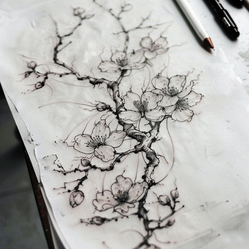 Bold tattoo sketch of a sakura branch with dark, dramatic shading