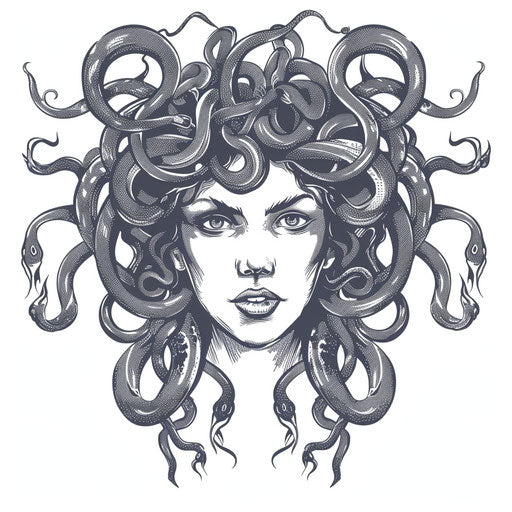Elaborate portrayal of Medusa with snakes as hair, designed as a captivating Greek tattoo on a white background.
