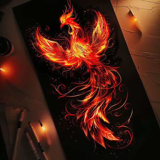 Tattoo sketch of a neon phoenix rising with red and orange glows