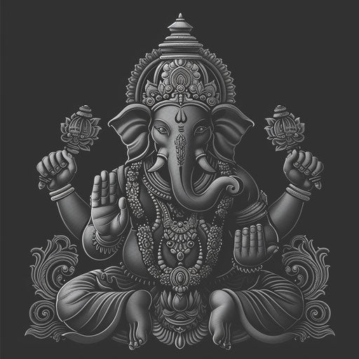 Vinayagar clipart rendered in a realistic style on a dark charcoal background, accentuating dramatic contrast and intricate detail