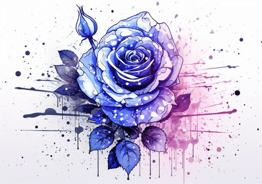 Violet and blue rose drawing, detailed graphic elements