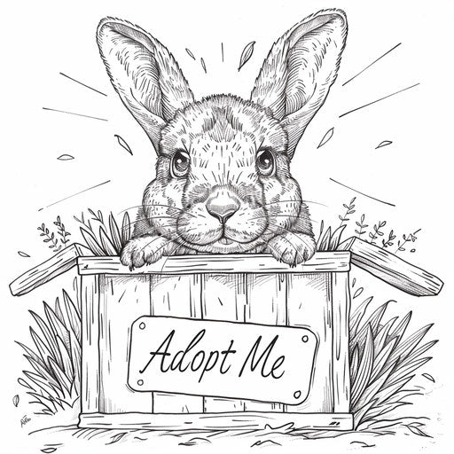 A curious bunny pops out of a box with "Adopt Me" on it
