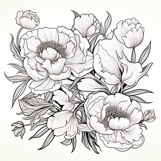 Drawing of the peony, intricate floral style in black