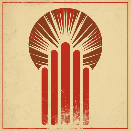 Vintage logo design art in red and beige, with a retro striped background