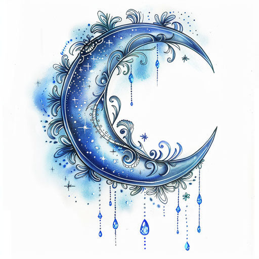 Mystical crescent moon with celestial patterns, silver and blue