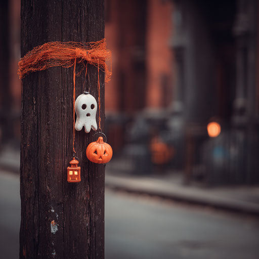 A wooden post with an orange ribbon and a ghostly lantern