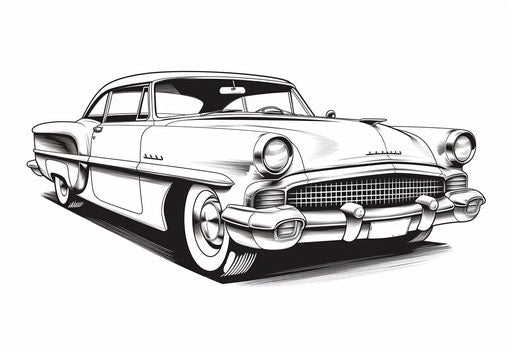 Old car drawn in black and white on white background