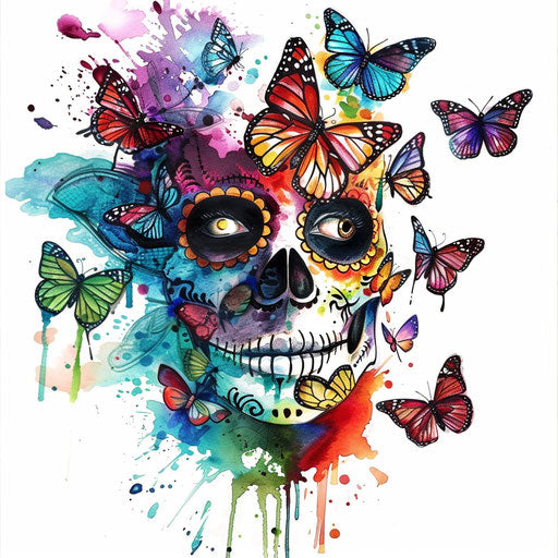 Sugar skull with spectrum of butterflies around eyes