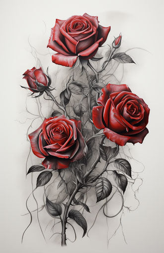 Wall sticker with red roses in tattoo style dark silver white