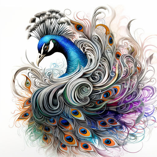 Elegant peacock on white background, artistic swirls