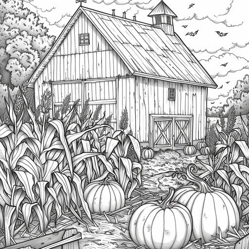 Whimsical barn scene during harvest with pumpkins and cornstalks