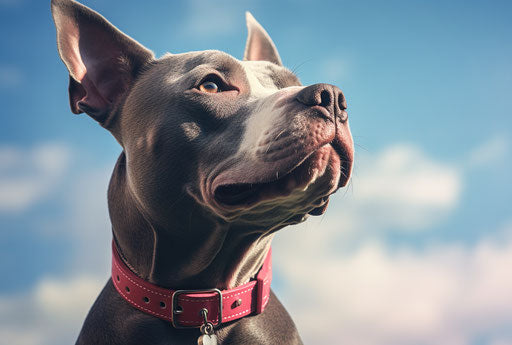Dog with a collar a pit bull bull terrier, realistic style blue skies