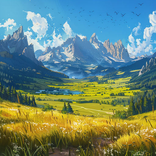 Vast sunny field at the foot of the mountains